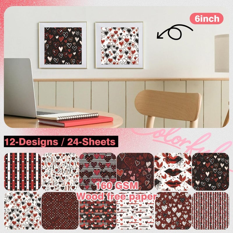 WLXTREE Valentine’s Day Scrapbook Paper 6 x 6 - Single Sided 24 Sheets Printing Black Red Love Pattern Decorative Craft Paper Pad for Junk Journals Bullet Journal Card Making - Image 4